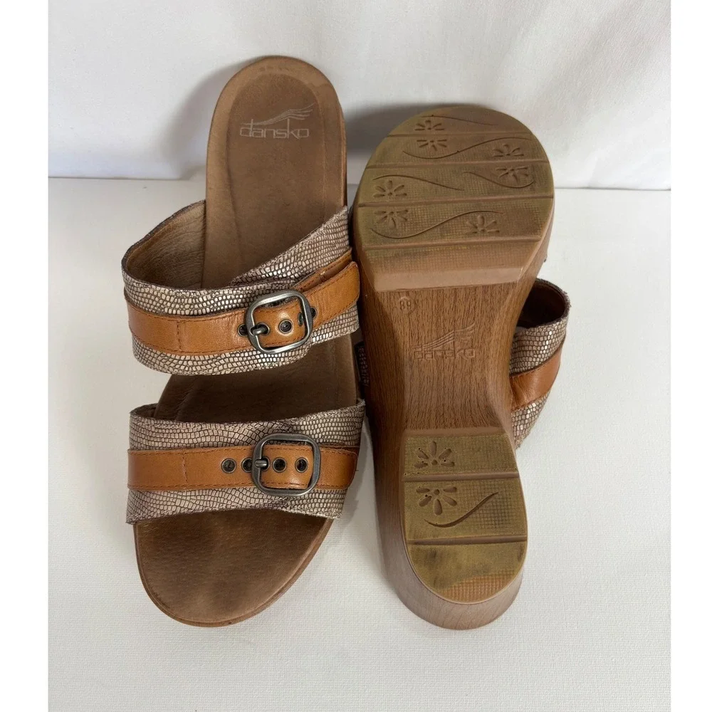 Dansko Women 39 Brown Snake Print Leather Buckle Platform Wedge Slide Sandals